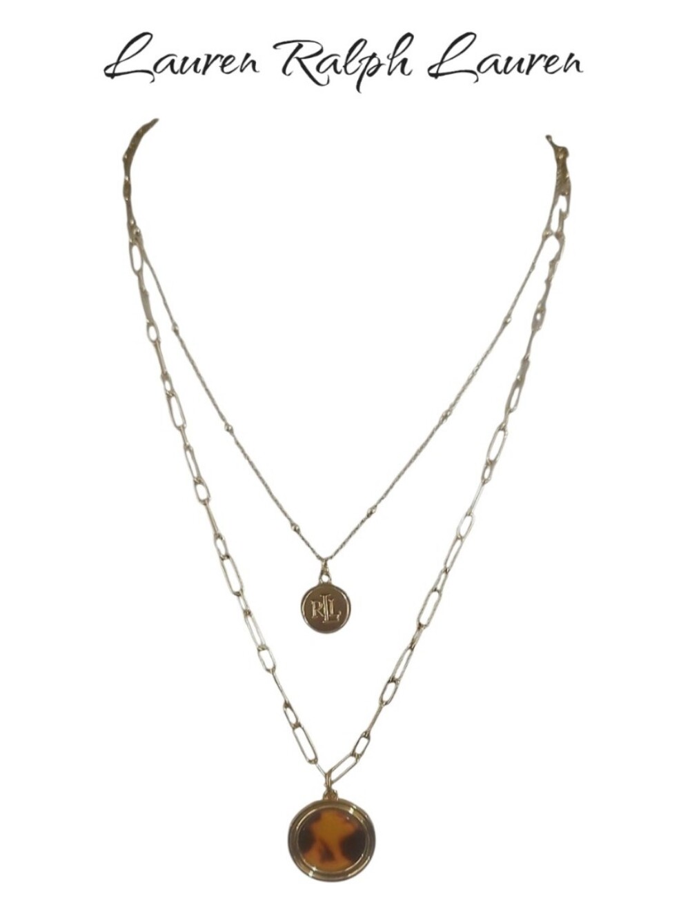 Lauren Ralph Lauren Layered Gold Tortoise Pendant Necklace LRL Logo Multi Strand